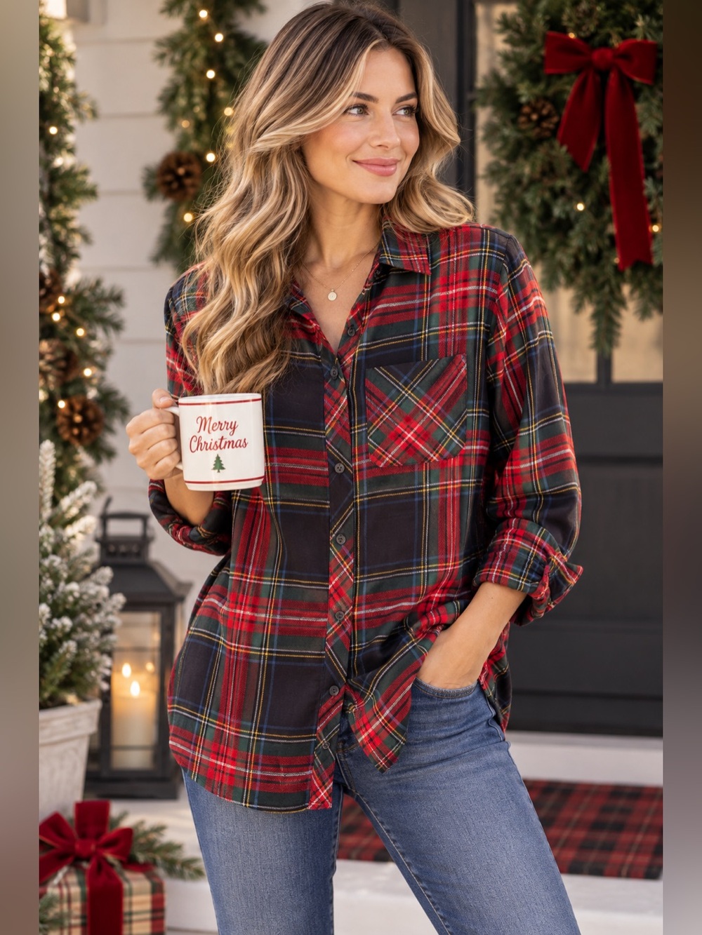 Beach Lunch Lounge Plaid Oversized Button Down Shirt XS Christmas Tartan